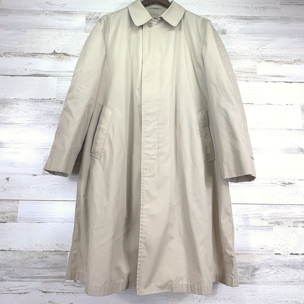 London Fog Mens Beige Tan Trench Coat Zip Out Fur Liner Size 46 Long Weatherwear